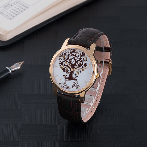 Coffee is Life  Design Face  Women's  Watch - 30 Meters Waterproof Quartz Fashion Watch With Brown Genuine Leather Band